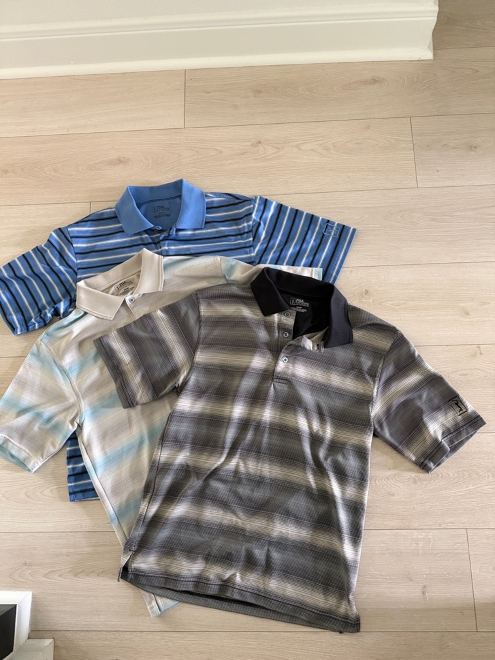 Golf Polos- FootJoy Men’s Multi-Striped Polo Trio — Blue, Gray, Cream